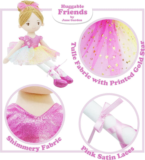 June Garden 16" Polina Ballerina Princess Doll - Soft Plush Stuffed Toy in Pink Outfit - Gift for Toddler Girls