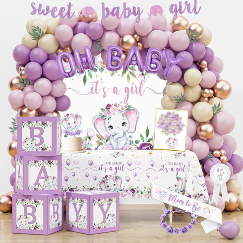 HYCSANBAO Elephant Baby Shower Decorations for Girl, Pink Purple Elephant Baby Shower Party