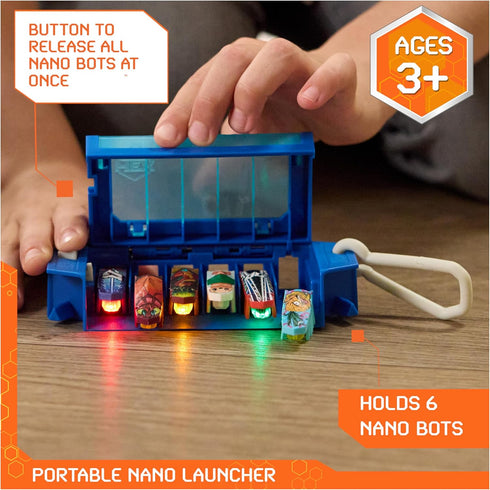 1 Playsets 3 HEX Bots Nano On-The-Go Launcher with Bonus Flash Nano, Autonomous Mini Robot Sensory Toy and Carrying