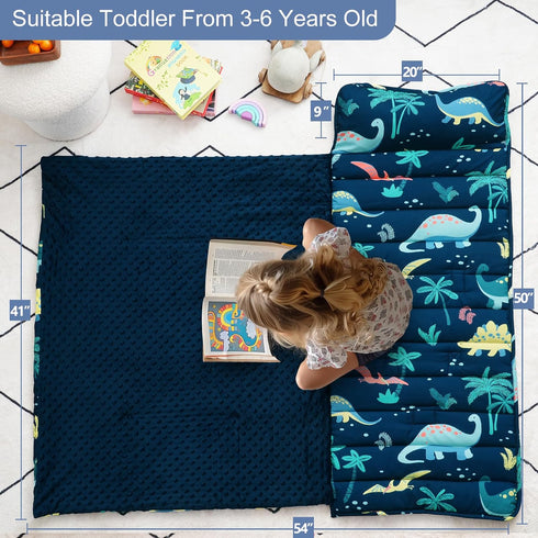 PHF Toddler Nap Mat with Removable Pillow and Minky Fleece Blanket, Dinosaur Design for Kids