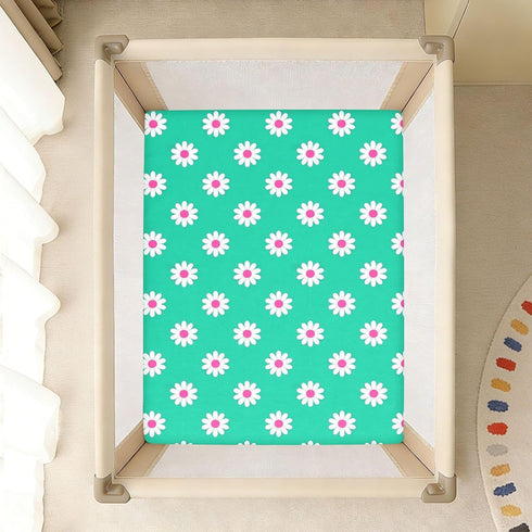 miaozhen 1 Pack 52x28 Cotton Baby Crib Sheets for Boys Girls Ultra Soft Daisy Flower Cyan White Crib Mattress Sheet