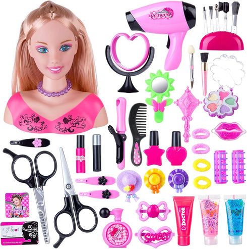 Kids Doll Head for Hair Styling and Makeup, Head Styling Doll with Accessories for Little Girls (Pink)