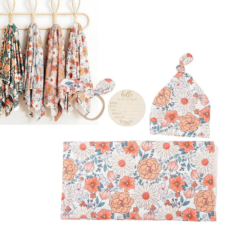Vibrant Floral Print Newborn Swaddle Blanket Set with Hat and Headband, Cozy