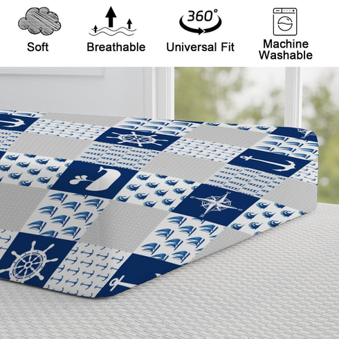 Navy Nautical Life Changing Pad Cover, Marine Ocean Lighthouse Compass Whale, 32''x16'' Soft Stretchy Fitted
