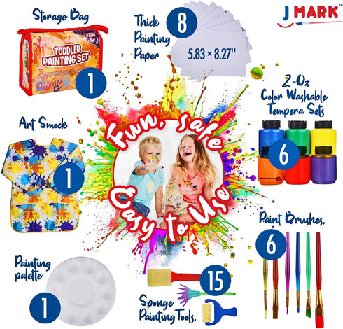 J MARK 38-Piece Toddler Paint Set, Includes Washable Tempera Paint, Art Smock, Brushes, and Painting Paper