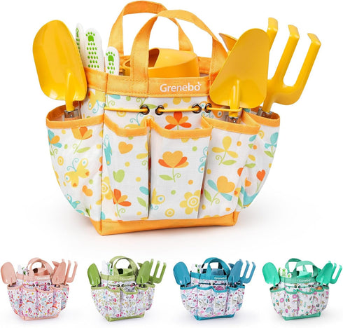 Grenebo Kids Gardening Set Toys,Includes Metal Trowel,Transplanting Shovel,Garden hat,Rake,Apron,Gloves,Watering Can,and Tool Organizer