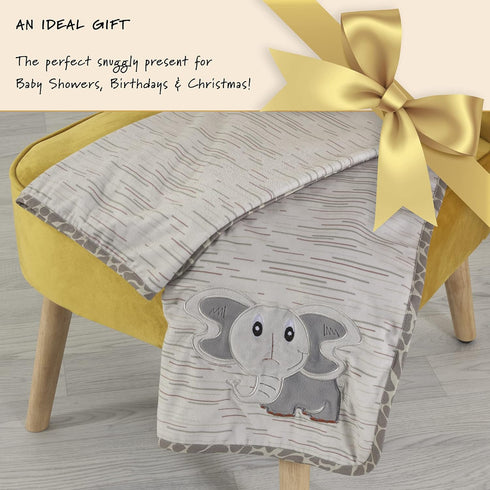 Baby Blanket with Elephant Embroidery, Unisex, Super Soft, Jungle Animal Safari Collection, Gray/Multicoloured, 30x40