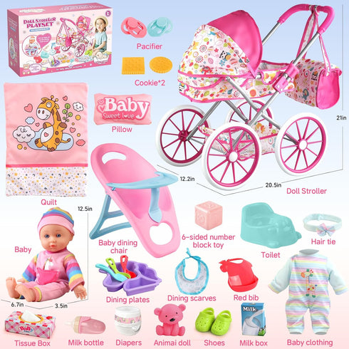 Baby Doll Stroller Toys Set with 12.5" Baby Doll, Dining Chair, Quilt Pillow, 24 PCS Accessories for Girls Toddlers