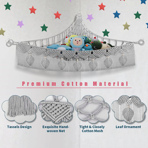 Stuffed Animal Storage Hammock Corner, 56'' Jumbo Hanging Net Organizer, Boho Leaf Tassel Toy Storage with LED Light