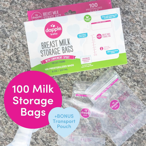 8oz, 100ct Dapple Breast Milk Storage Bags with East Pour Spout, Leakproof Double Zipper, BPA-Free, Pre-Sterilized