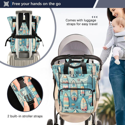 YANENDIE Backpack, Backpack Backpack Colorful Surfboards Diaper Bag Unisex Travel Baby Diaper Bags with Stroller Straps