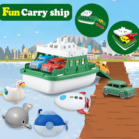 OKGIUGN 4 4 Swimming Set Ferry Boat with Car and Wind Up Bath Toys, Kids Bath Toy Floating Vehicle Whales Submarines