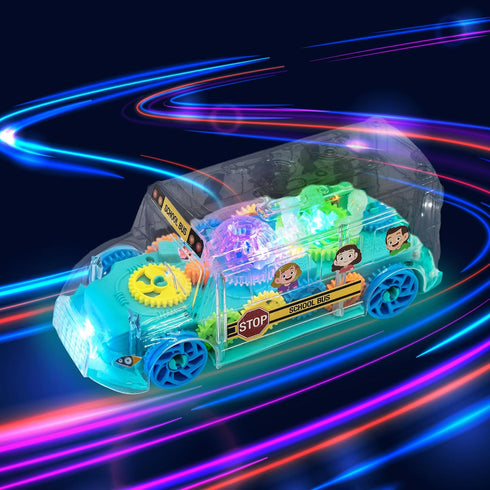 ArtCreativity Light Up School Bus Toy for Toddlers - Bump and Go Toy Bus with Colorful Gears, LED Lights, Music