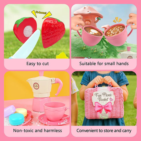Set Set 3-8 HAPGFS Pink Pretend Afternoon Tea Party with Storage Basket, Play Food & Accessories for Girls, Tea Party
