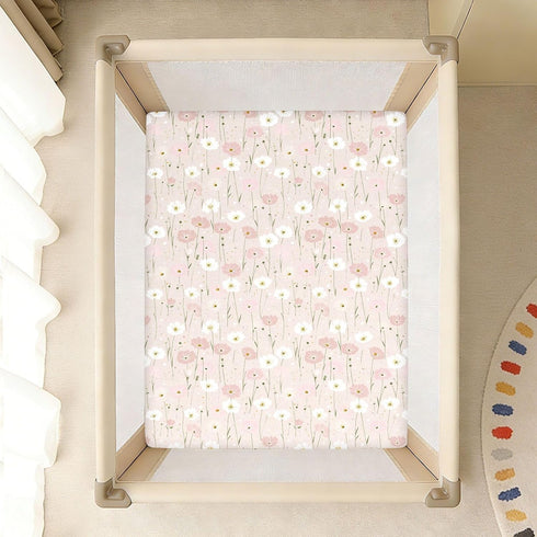 miaozhen 1 Pack 52x28 Cotton Baby Crib Sheets for Boys Girls Soft Comfy Naughty Grassland Floral Pink Playard Mattress