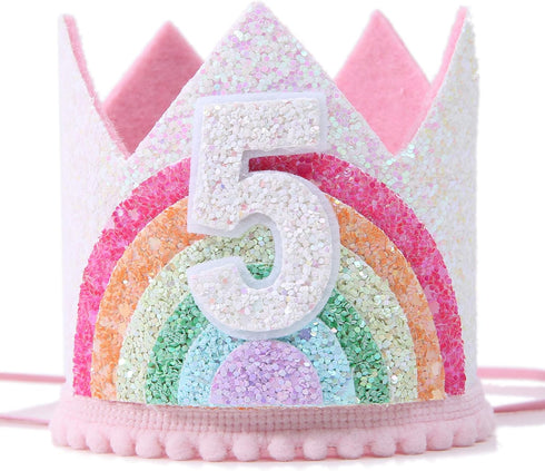WAWUO Birthday Rainbow Girl Crown, Birthday Hat for Event Party Supplies and Photo Props