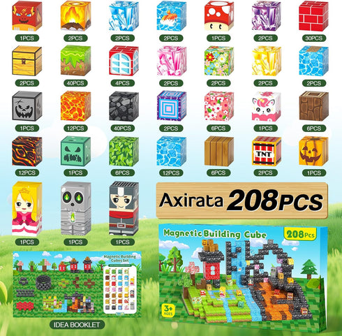 208 Set 3+, 3 4 5 6 7 8 9 10 11 12+ Axirata PCS Magn-etic Building Blocks, Magn-etic Block Building Cubes for Kids