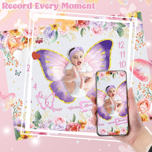 Butterfly Baby Milestone Blanket Set for Girls, Floral Monthly Growth Blanket with Wooden Signs and Bow Headband