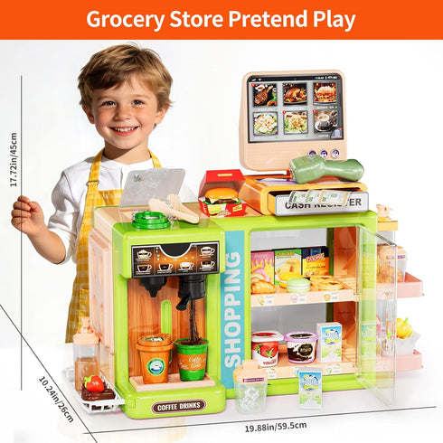 Pupu Pig Playset, 3+ Kids Grocery Store Fun Play Store with Realistic Cash Register Toy, Scanner, Play Food, Coffee