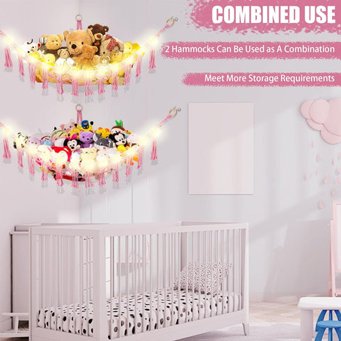 CERETIA Hammock Stuffed Animal with LED Light, Large Stuffed Animals Storage Corner Plushie Net for Kids Room Decor