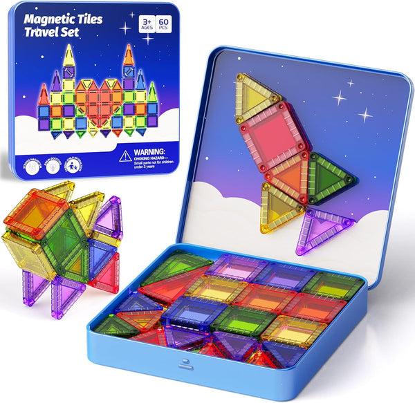 Mini Magnetic Tiles Travel Kit for Kids Ages 3-8, 60pcs Portable Magnetic