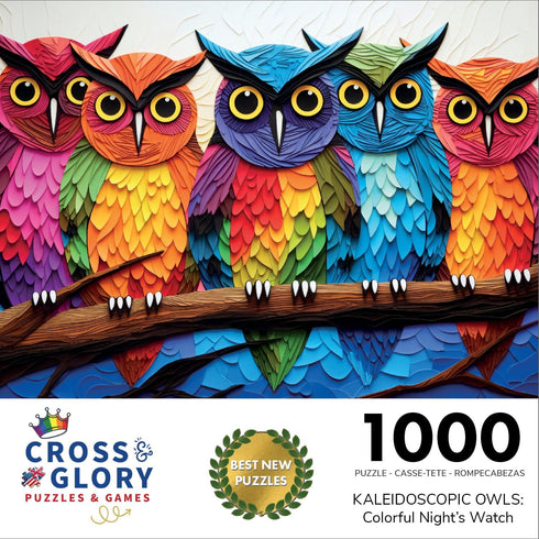 Kaleidoscopic Owls: Colorful Night's Watch from Cross & Glory - 1000 Piece Owl Jigsaw Puzzle, Eco-Friendly, with Satin Finish for Adults