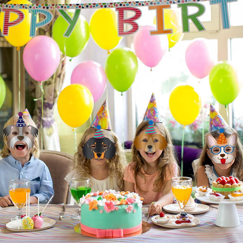12 Pieces Dog Birthday Masks and Garland - Funny Paper Masks for Dog Theme Party Decoration