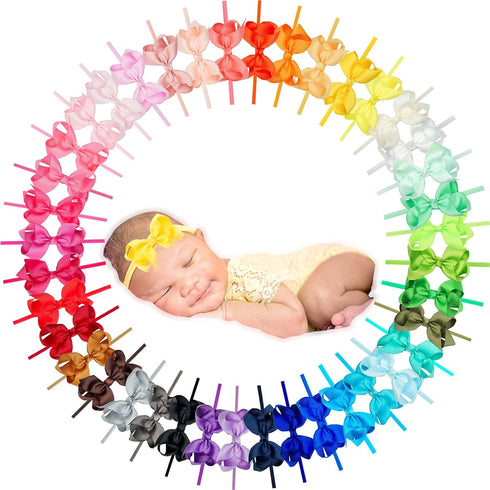 CÉLLOT 40 Colors Baby Bow Headbands, 3" Super Soft Nylon Hair Bows for Baby Girls, Infants, Newborns