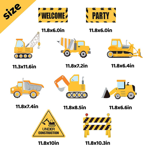 DISHIDIANZI 10 Pcs Construction Themed Party Cardboard Cutout Porch Banner Sign Decoration Supplies for Kids Baby
