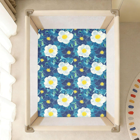 decor gift 1 Pack Woodblock Print Style Blue White Flowers Crib Sheets for Baby Boys Girls Cotton Baby Playard Sheet