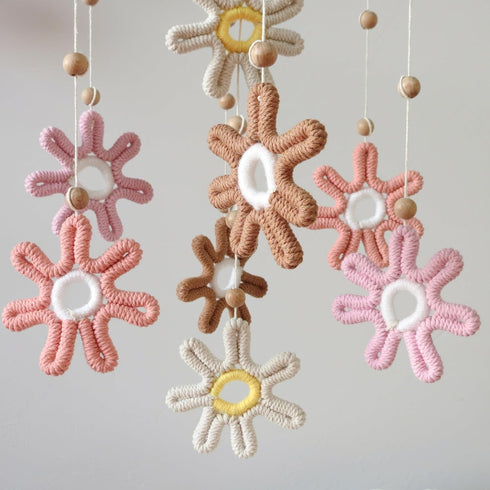 Boho Daisy Crib Mobile for Girls - Charming Nursery Decor with Woven Design