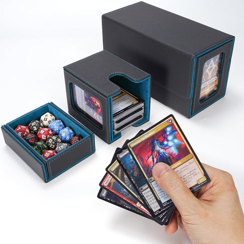 AFIING MTG Commander Card Storage Box, Fits 200 Double Sleeved Cards, 3-in-1 Card Deck Case, Black/Cyan