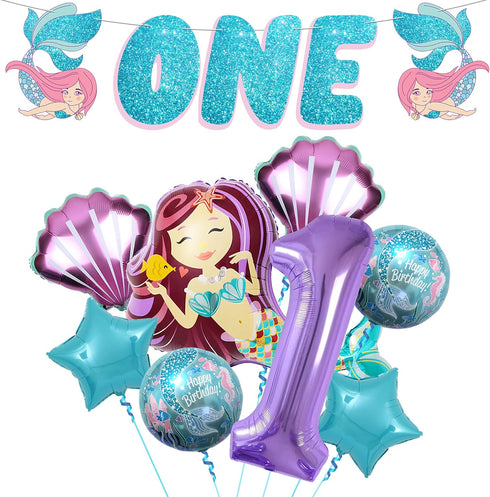 Mermaid First Birthday Decorations for Girl, 40 Inch 1 Balloon, Glitter One Banner for Mermaid Party