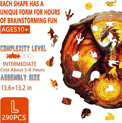Fiery Dragon Wooden Puzzles for Adults, Unique Shaped Jigsaw Puzzles, 290 Pieces 13.6 x 13.2in, Large Gift