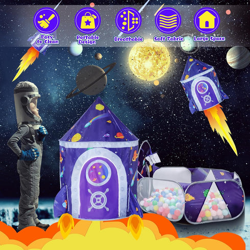 3pc Space Ship Kids Play Tent, Crawl Tunnel, Ball Pit for Toddlers, Indoor Outdoor Playhouse for Ages 3-7