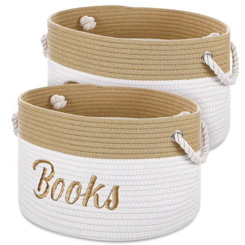 2 Pack Cotton Rope Storage Baskets, Embroidered Book Storage Bins with Handles, 15 x 11 x 9 Inches for Nursery