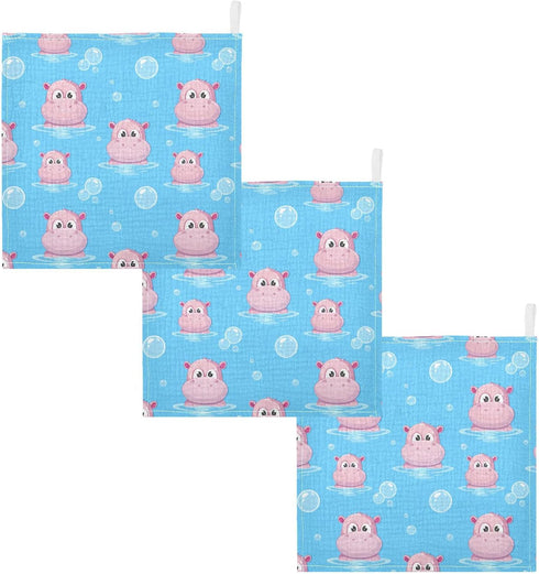 Burbuja Cartoon Hippos Baby Washcloths - Muslin Cotton Soft Absorbent Baby Towel for