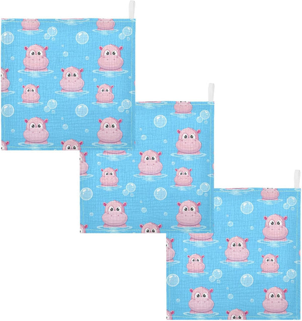 Burbuja Cartoon Hippos Baby Washcloths - Muslin Cotton Soft Absorbent Baby Towel for