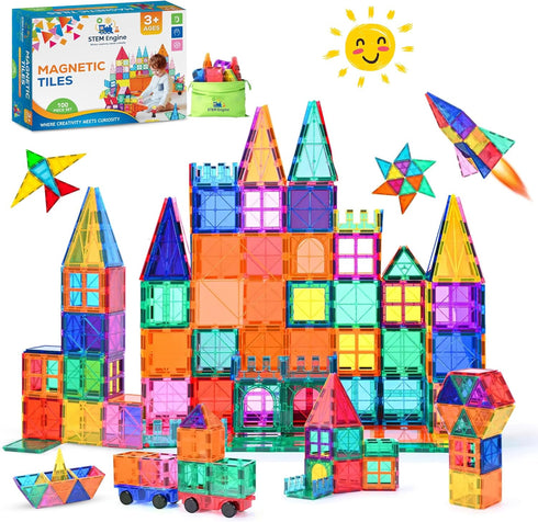 STEM Engine 100 Pc Magnetic Tiles Building Blocks Set for Kids Educational Magnet Toys