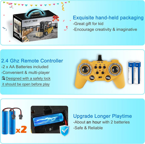 RC Forklift Truck 2 in 1 Transform Lift Fork & Hook, 11 Channel Remote Control Forklift, 2 Battery, Kids Toy Gift 6+