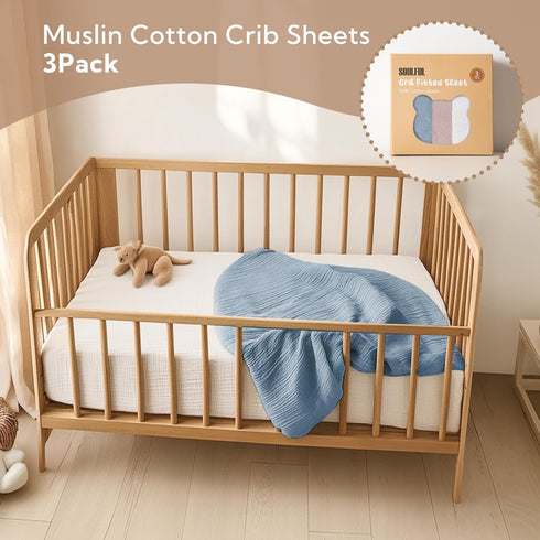 3 Pack (28"x 52", SOULFUL Muslin Crib Sheets for Boys Girls, Soft and Breathable Cotton Fitted Crib Sheets for Standard