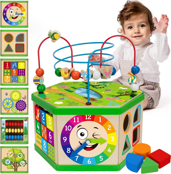 Wooden Activity Cube for 12-18 Month Boys & Girls - 7-in-1 STEM Montessori Learning Toys, Ideal 1st Birthday Gift (Pink)