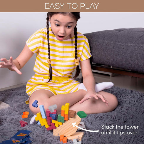 Wooden Tetra Tower Game - 32PCS Stack Attack with Building Blocks & Cards, Fun Balance Game for All