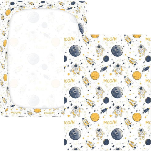 miaozhen 1 Pack 52x28 Cotton Crib Sheets for Baby Boys Girls Soft Comfy Space Ship Moon Handdrawn Crib Mattress Sheet