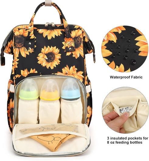 Xunteny Backpack Sunflower Baby Diaper Bag for Girls Boys, Waterproof Large Maternity Nappy Bags for Mom (Black)