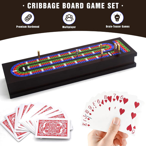 VVSBPL Set 2 3 Set Wooden Cribbage Board Game with Metal Pegs and Decks of Playing Cards, Travel Cribbage Board