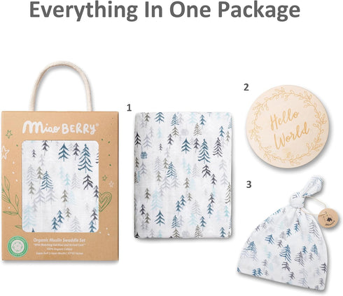 Miaoberry Forest Organic Muslin Swaddle Blankets for Baby Boy with Matching Hat and Wooden Hello World Newborn Sign |
