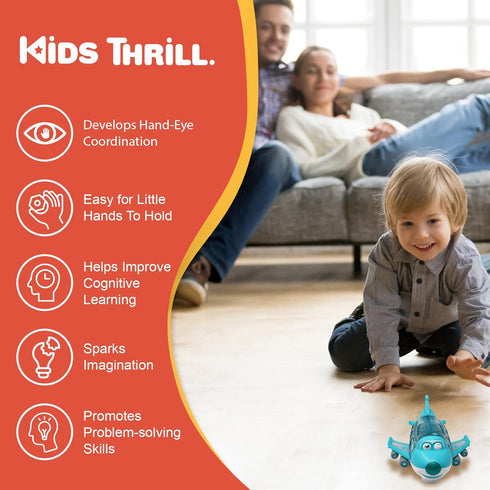3-12 Kidsthrill Kids Airplane Toy with Bump & Go Technology, Flashing Lights, Music & Sounds - Toys for Boys & Girls