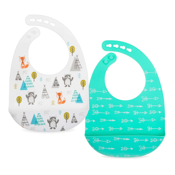 Nuby 2 Pack Adjustable Easy Clean Soft Silicone Bibs with Scoop, Arrows