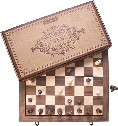 15 Inches Set 2 AMEROUS Magnetic Wooden Chess with Extra Queens/Folding Board/Chess Pieces Storage Slots/Instructions